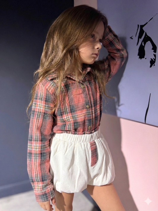 חליפות בנות חצאית ג׳ינס בלון חולצה מכופתרת משובץ