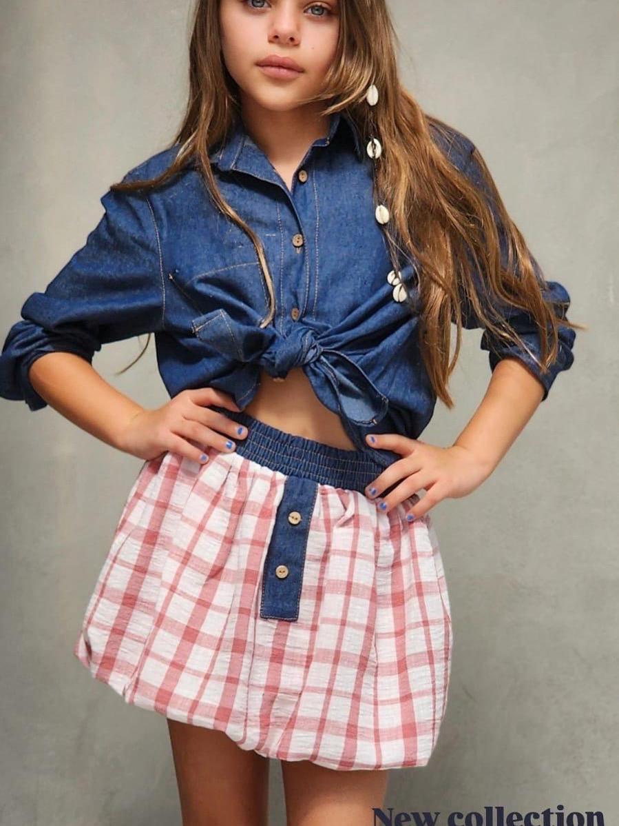 חליפה חצאית בלון וחולצה ג׳ינס - Anne Kids Fashion