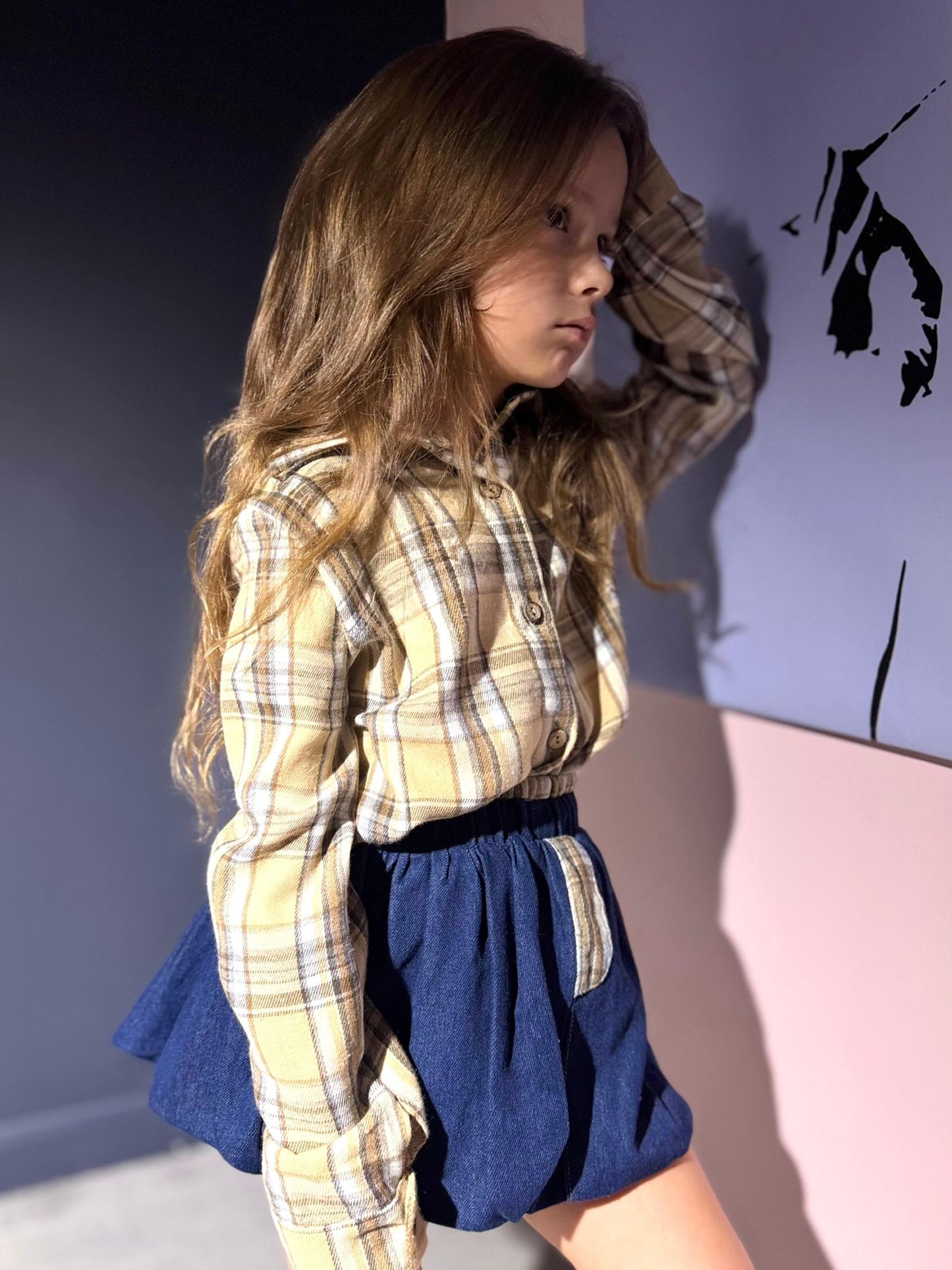 חליפות בנות חצאית ג׳ינס בלון חולצה מכופתרת משובץ