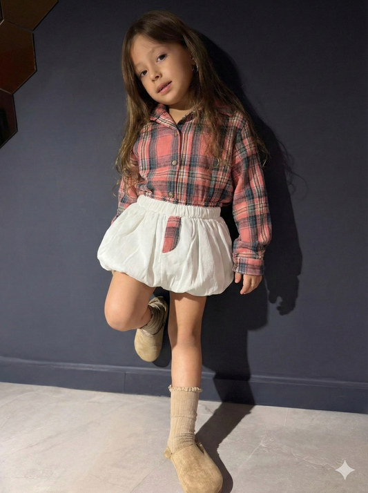 חליפות בנות חצאית ג׳ינס בלון חולצה מכופתרת משובץ