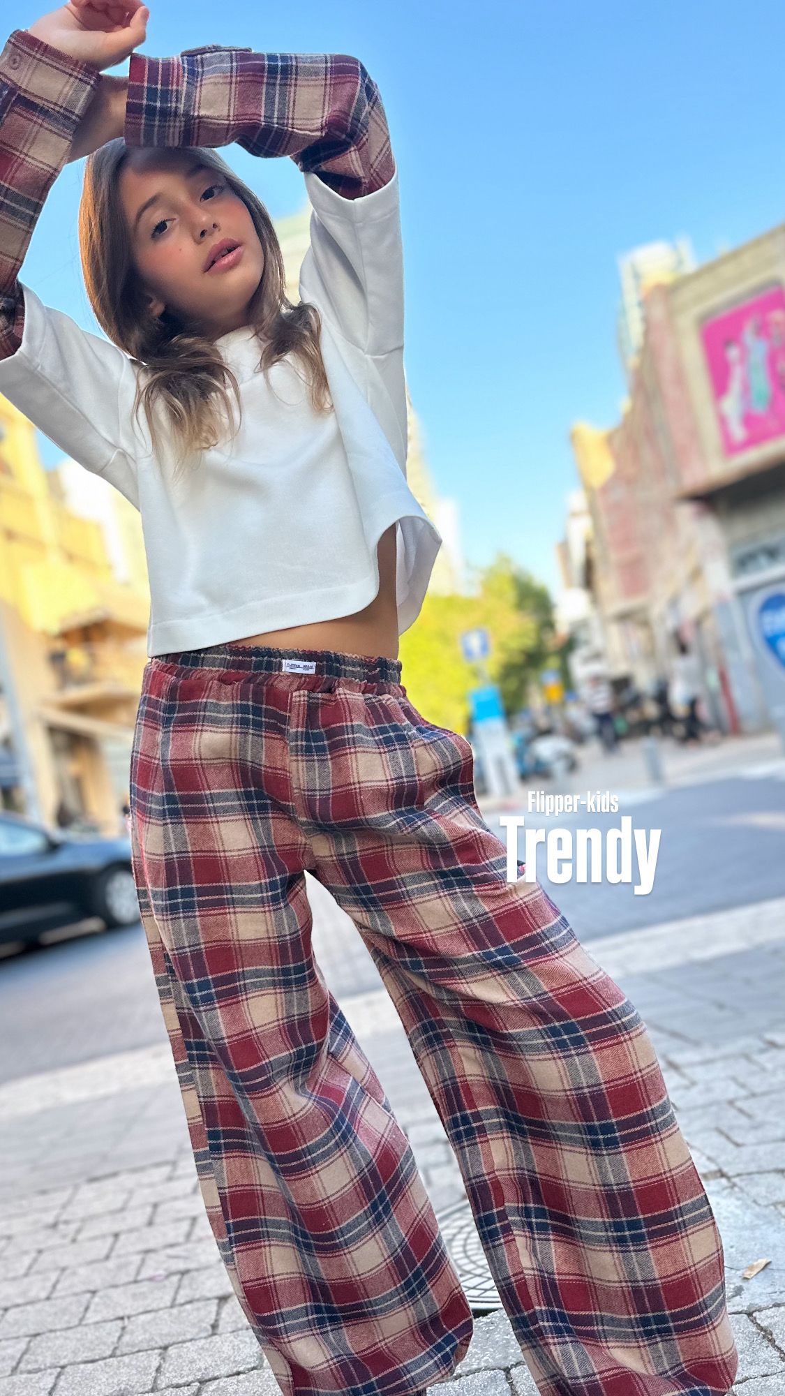 מכנס משובץ וחולצה משולבת קרופ - Anne Kids Fashion