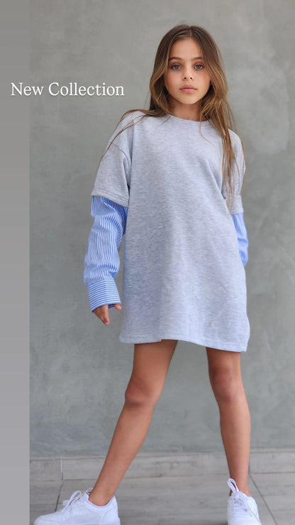 שמלת פרנצ׳טרי שילוב שרוול ארוך פסים - Anne Kids Fashion