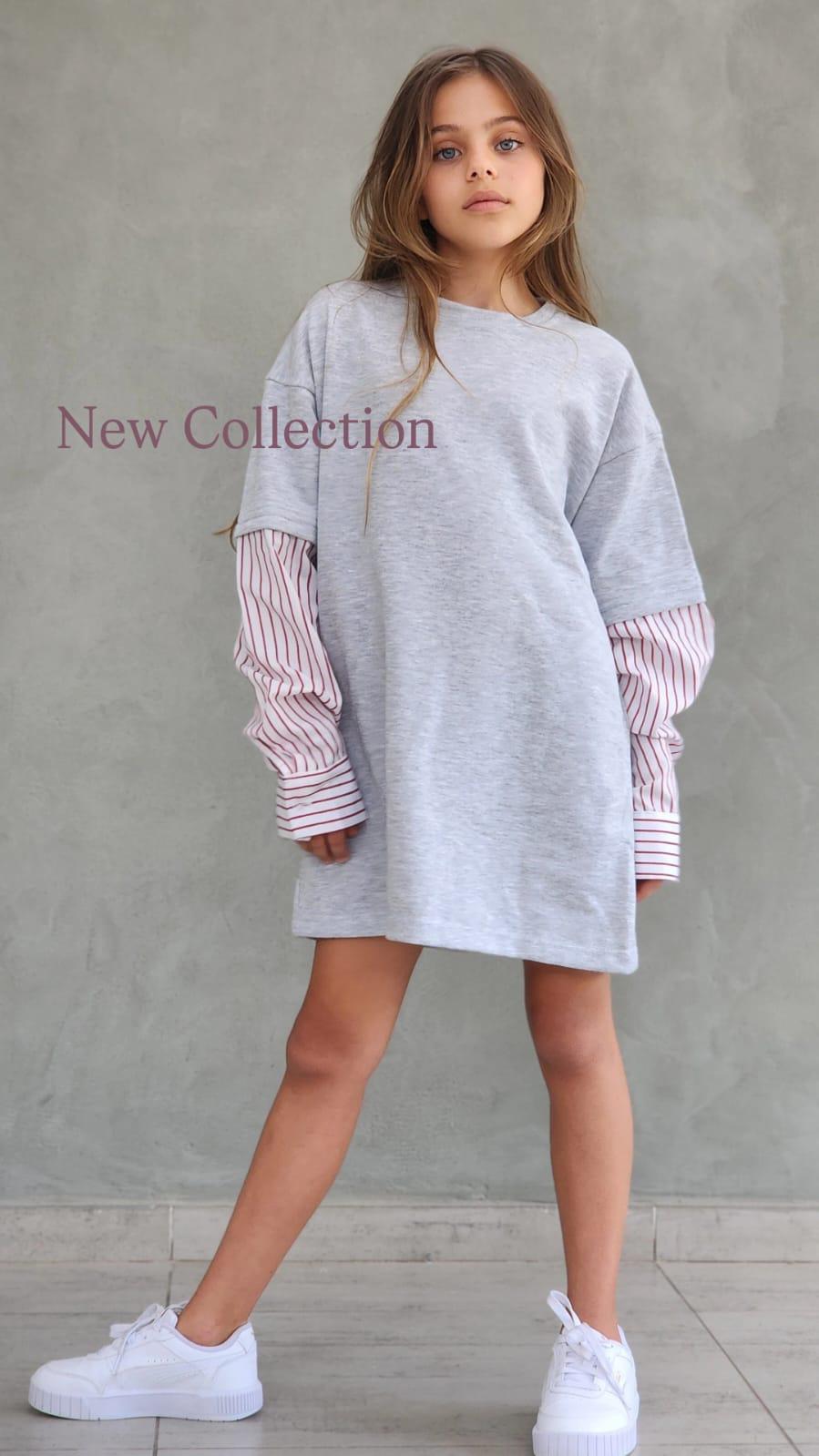 שמלת פרנצ׳טרי שילוב שרוול ארוך פסים - Anne Kids Fashion