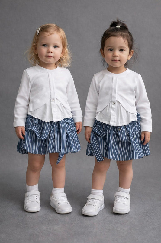 חליפה חצאית בלון פסים חולצה מעוצבת שילוב מכופתר