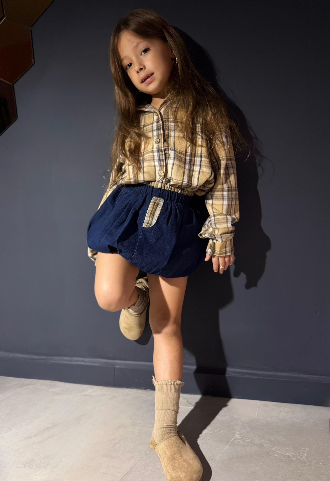 חליפות בנות חצאית ג׳ינס בלון חולצה מכופתרת משובץ