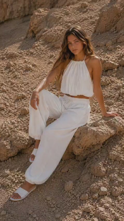 חליפת מכנס רחב חולצת בלון קשירת קולר